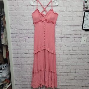Luxxel Pink‎ Front Slit Maxi Dress M CrissCross Spaghetti Straps Tiered Boho